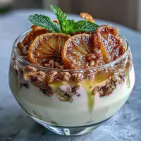 Vibrant candied orange yogurt parfait with crunchy granola and fresh mint garnish, perfect for breakfast or dessert.