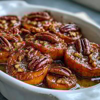 Candied yams with toasted pecans in a buttery brown sugar glaze, baked until tender and fragrant.