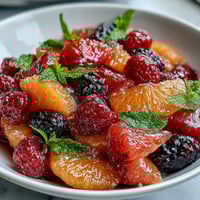 A colorful spring fruit salad with citrus segments, berries, and fresh mint, perfect for a light and refreshing dessert.  