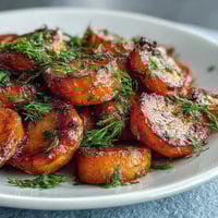 A vibrant dish of tender carrots glazed with orange honey sauce and garnished with fresh dill sprigs.  