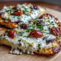Golden cottage cheese flatbread pizza with melted mozzarella, sliced olives, and cherry tomatoes on a high-protein crust.