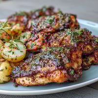 Golden roasted chicken drumsticks with crispy skin, nestled among herb-seasoned potatoes and carrots on a sheet pan for a hearty dinner.