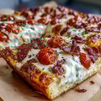 Golden flatbread pizza topped with roasted turkey, crispy bacon, juicy tomatoes, and creamy Mornay sauce, perfect for Derby Day or any gathering.