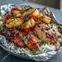 Pineapple Chicken and Rice Foil Packets with juicy chicken, sweet pineapple, and colorful vegetables grilled to perfection in a savory marinade.