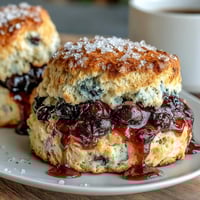 Golden blueberry lemon sourdough scones with juicy berries and citrus zest, fresh from the oven and ready to enjoy.