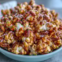 Baseball Season Popcorn Mix with Peanuts and Caramel in a large bowl, featuring crunchy popcorn, roasted peanuts, and golden caramel drizzle.