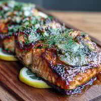 Smoky cedar plank salmon with bright lemon dill, perfect for grilling.