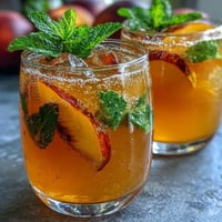 A tall glass filled with sparkling mango peach tea, garnished with fresh mint and peach slices.  