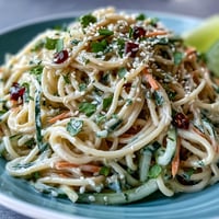 Cold Sesame Noodle Bowl with Cucumber: chilled wheat noodles in creamy sesame sauce, topped with crisp cucumber, carrots, and fresh herbs.  