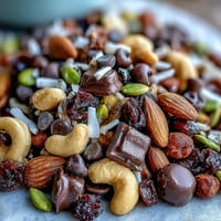 Homemade trail mix with dark chocolate features crunchy almonds, cashews, and chewy dried fruits for a satisfying snack.