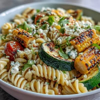 Vibrant pasta salad with grilled zucchini, corn, and tangy Cotija cheese.