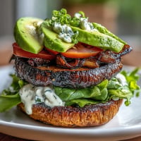 Hearty grilled portobello mushroom burgers piled high with creamy avocado.